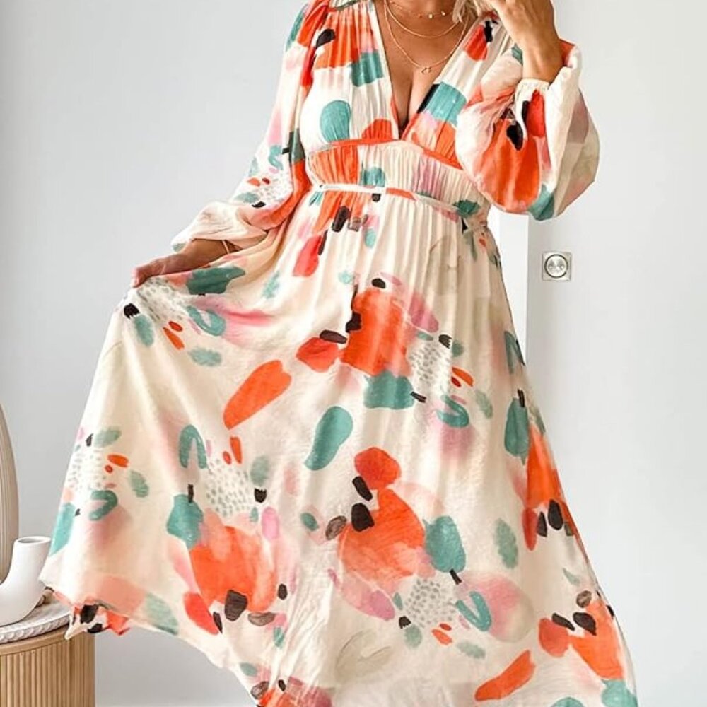 Women's Long Sleeve Boho Floral Maxi Dress Smocked Beach Flowy Dress